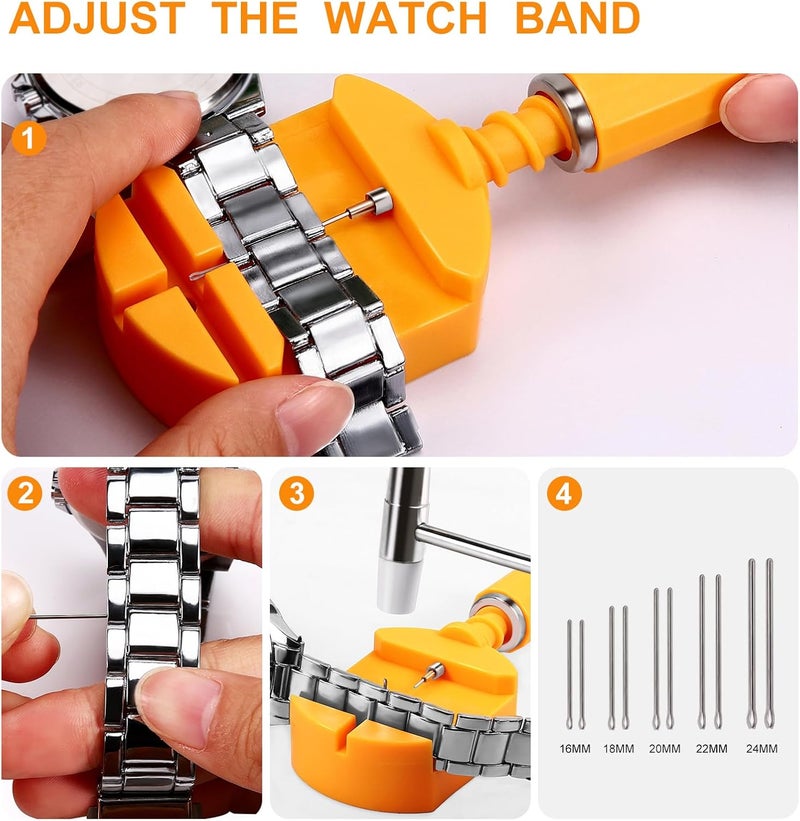 HECHIO 32 Pieces Watch Link Removal Kit，Professional Watch Band Replacement Tool，10 Pcs Spare Spring Bars and 10 Pcs Cotter Pins, 1 Double Head Hammer, 6 Spare Pins - Image 3